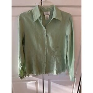 ICE Linen Embroidered Button Down Shirt Women's Size L Light Green Casual